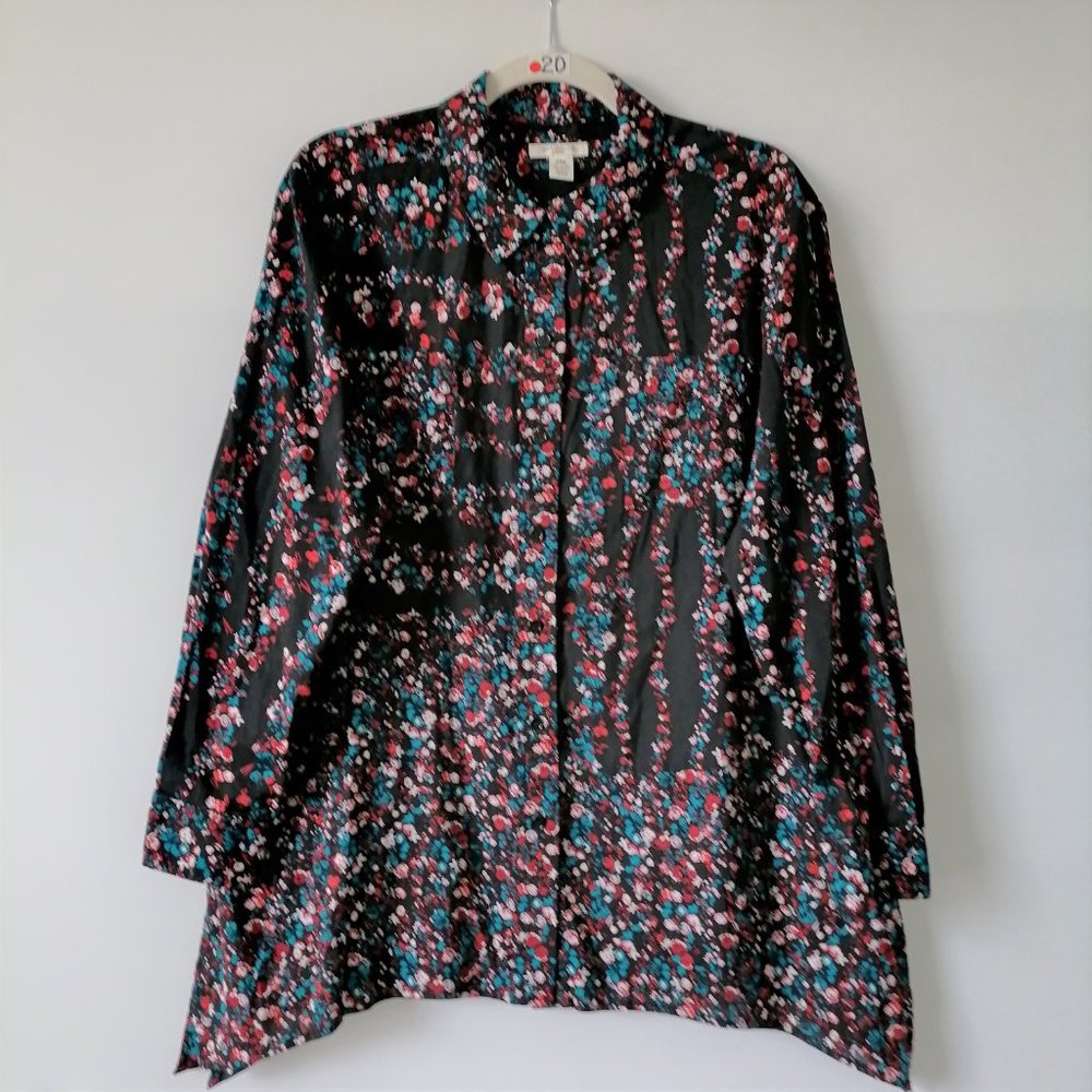 Westbound Petites Womens Blue Red Long Sleeve Floral Button-Up Top Size PXL